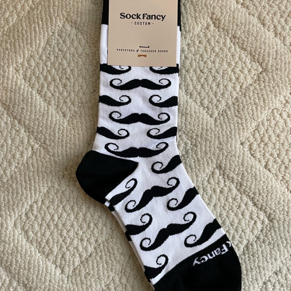{SockFancy} NEW Black and White Mustache Crew Socks